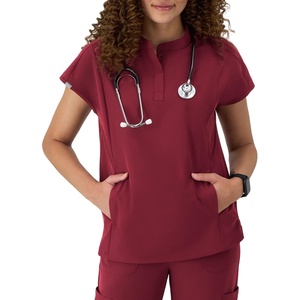 image:imageHanes Womens Scrubs Healthcare Top with Mandarin Collar MoistureWicking Stretch Scrub ShirtAfternoon Burgundy